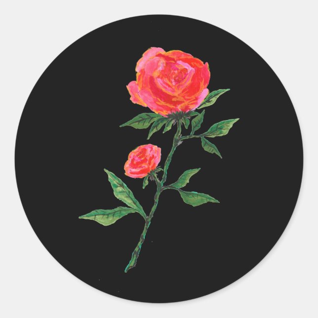 Rote Rose Wasserfarbe Schwarz Runder Aufkleber (Vorderseite)