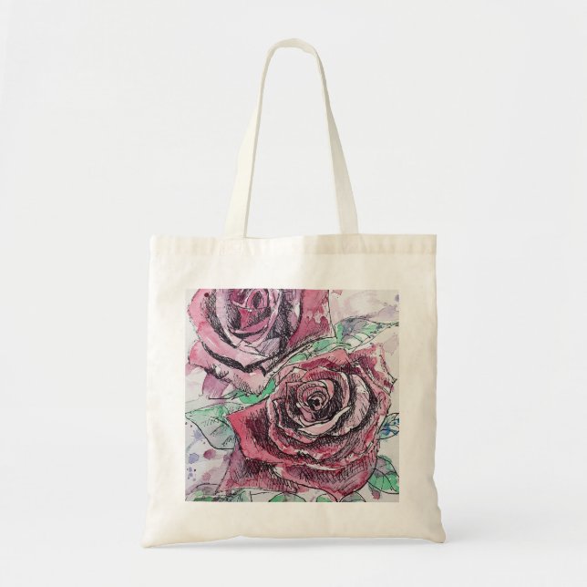 Rote Rose Wasserfarbene Blume Blumenbemalung Tragetasche (Vorne)