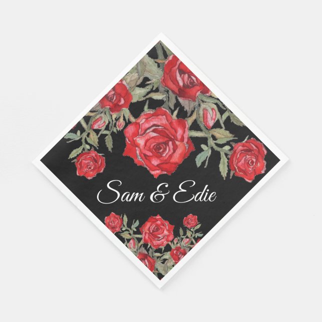 Rote Rose Wasserfarbene Hochzeit Eleganter Name Serviette (Ecke)