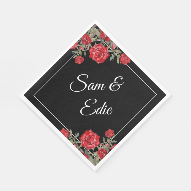 Rote Rose Wasserfarbene Hochzeit Eleganter Name Serviette (Ecke)