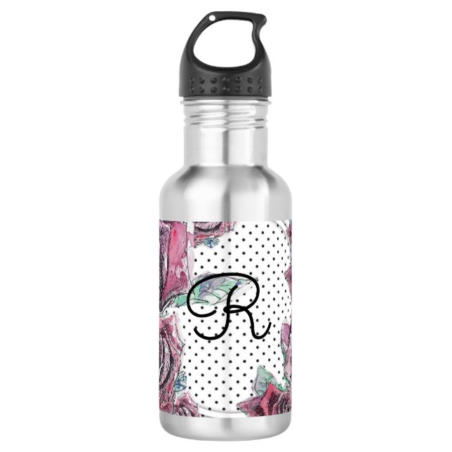 Rote Rose Wasserfarbpunkt Frauen Anfänglich Edelstahlflasche (Vorderseite)