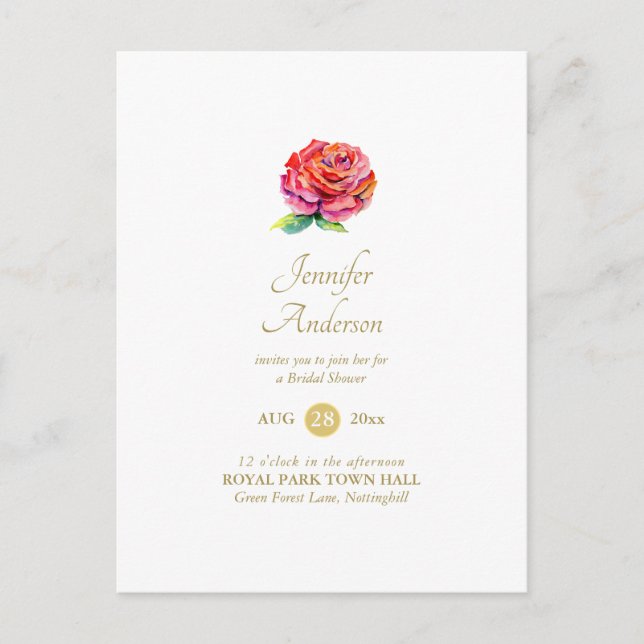 Rote Rose Watercolor Gold Brautparty Postkarte (Vorderseite)