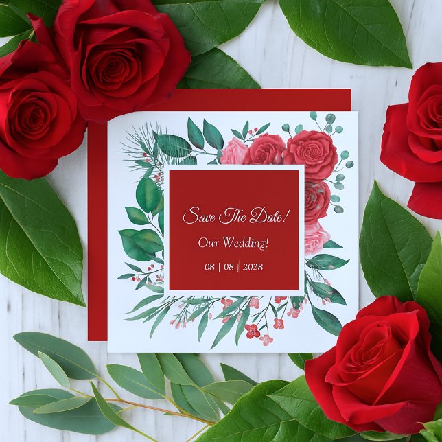 Rote Rose Watercolor Hochzeit Save The Date (Red Rose Watercolor Wedding Save The Date)