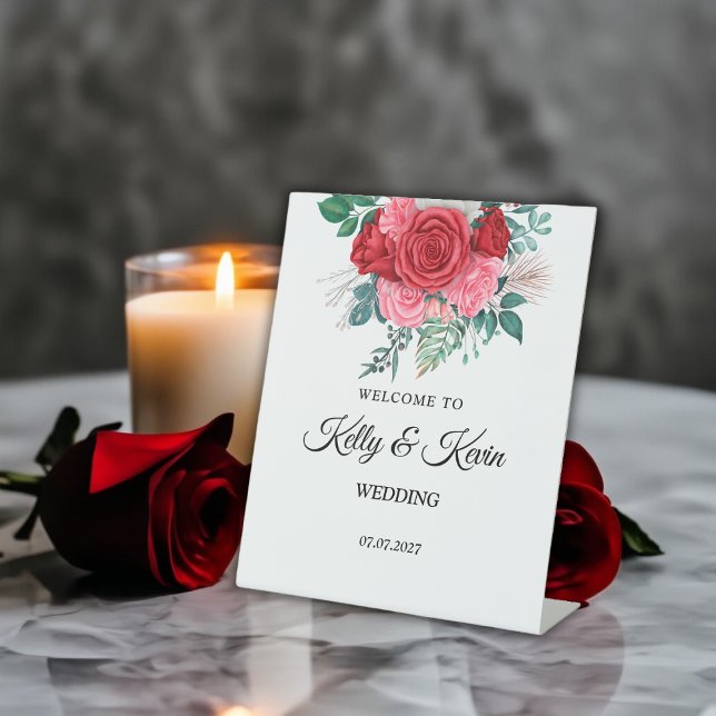 Rote Rose Watercolor Hochzeit Sockelschild (Red Rose Watercolor Wedding Pedestal Sign)