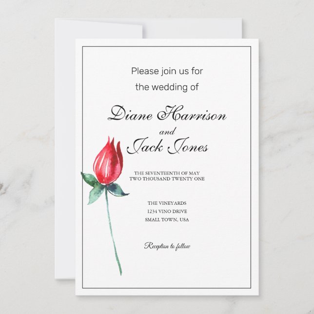 Rote Rose Watercolor Stem Hochzeitseinladungen Einladung (Vorderseite)