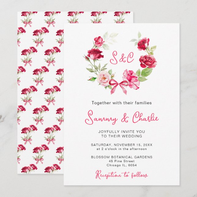Rote Rose Wreath Ribbon Wedding Einladung (Vorne/Hinten)