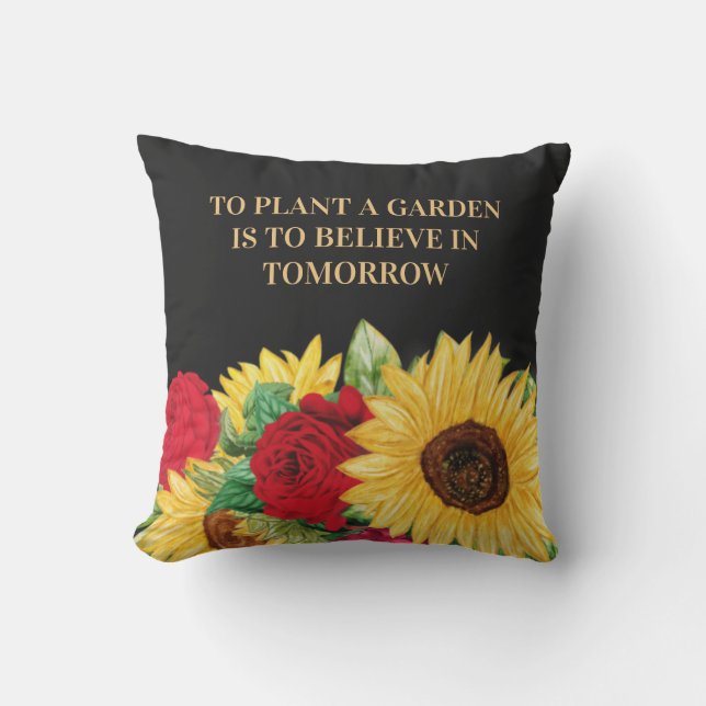 Rote Rose Yellow Sunflower Black Garden Zitat Kissen (Vorderseite)