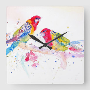 Rote Rosella-Papageien-Papageien Vögel Aquarell Eh Quadratische Wanduhr