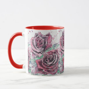 Rote Rosen-Aquarell-Blumen-Blumenmalerei Tasse
