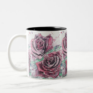Rote Rosen-Aquarell-Blumen-Blumenmalerei Zweifarbige Tasse