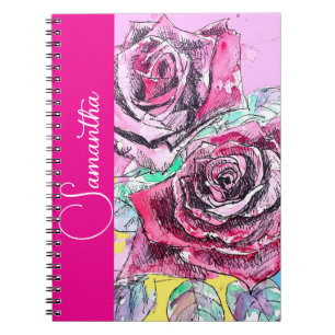 Rote Rosen-Aquarell-Blumenmädchen-Name Floral Notizblock
