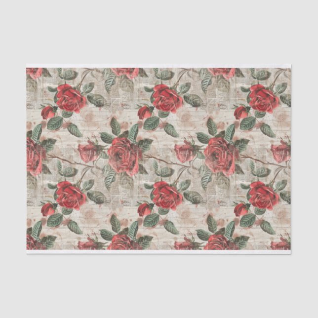Rote Rosen auf Abstraktem Newsprint-Muster Seidenpapier (Vorderseite)