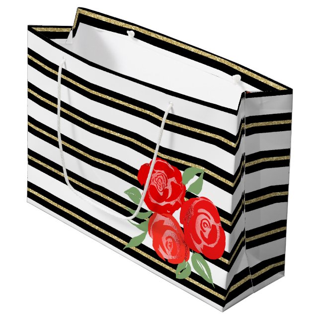 Rote Rosen auf der schwarzen, weißen, goldenen Ges Große Geschenktüte (Vorderseite Schrägansicht)