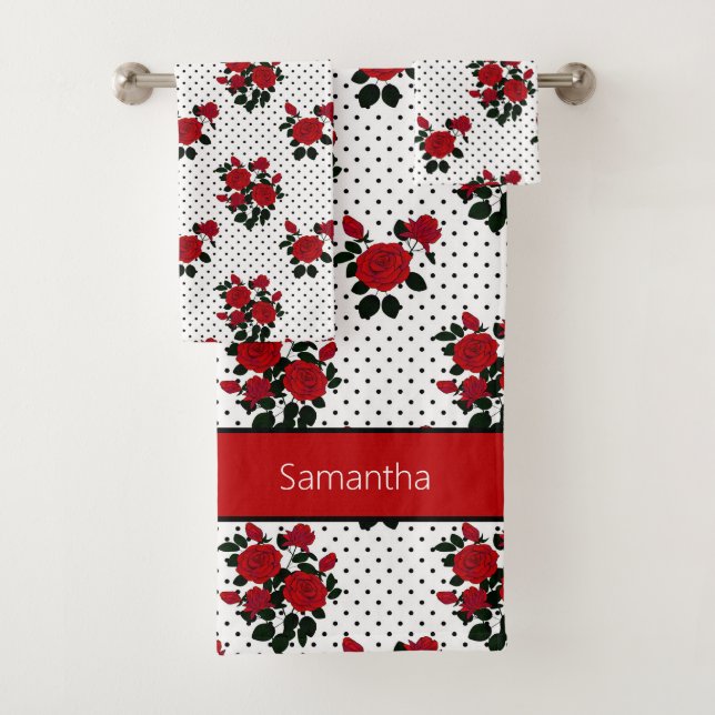 Rote Rosen auf einem Polka Punkt Hintergrund. Bade Badhandtuch Set (Insitu)
