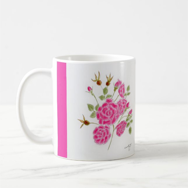 Rote Rosen auf einer Tasse. Kaffeetasse (Links)