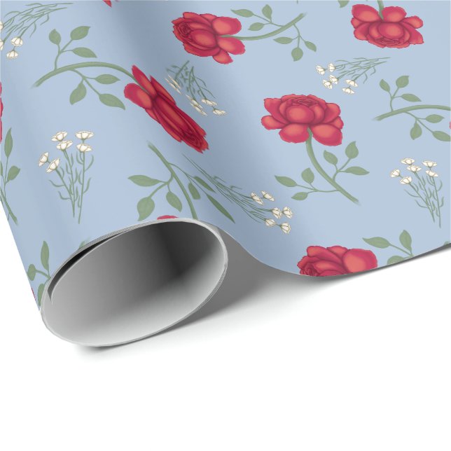 Rote Rosen auf Light Blue Oversized Calico Geschenkpapier (Rolleneckpunkt)
