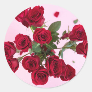 Rote Rosen auf rosa elegante romantische klassisch Runder Aufkleber