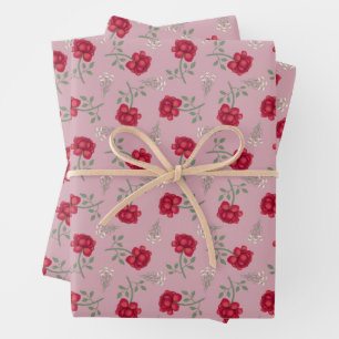 Rote Rosen auf rosa übergroßem Kattun  Geschenkpapier Set