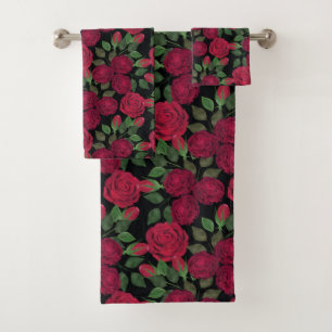 Rote Rosen auf schwarz. Badhandtuch Set