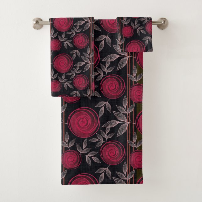 Rote Rosen auf schwarz. Badhandtuch Set (Insitu)