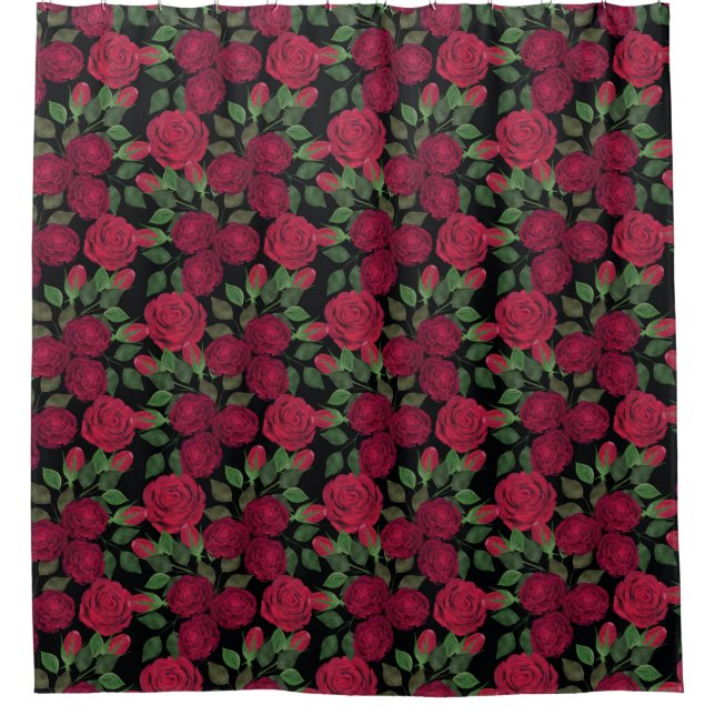 Rote Rosen auf schwarz. Duschvorhang (Vorderseite)