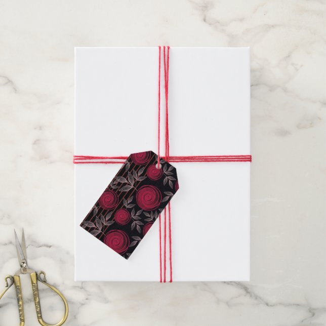 Rote Rosen auf schwarz. Geschenkanhänger (Mit Garn)