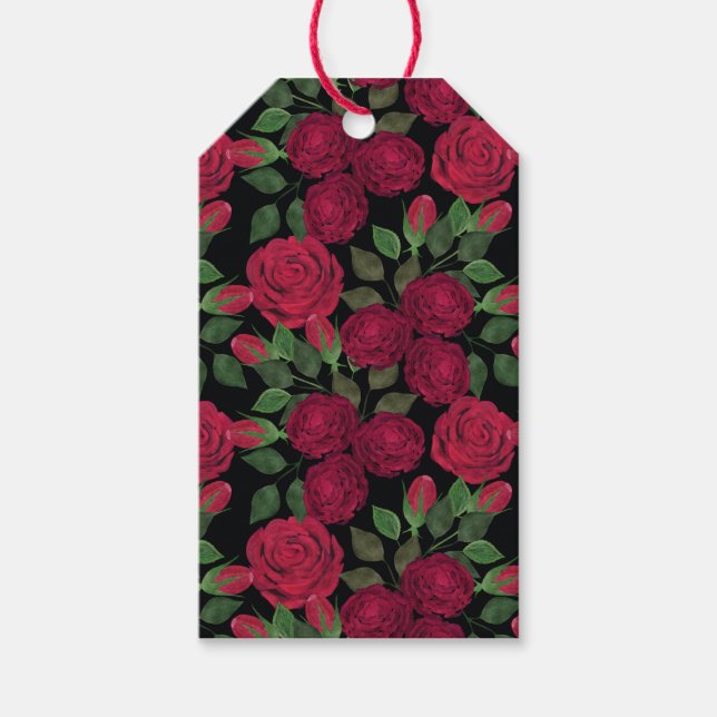 Rote Rosen auf schwarz. Geschenkanhänger (Vorderseite)