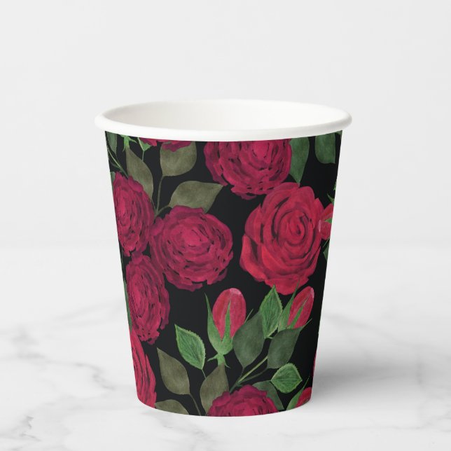 Rote Rosen auf schwarz. Pappbecher (Vorderseite)