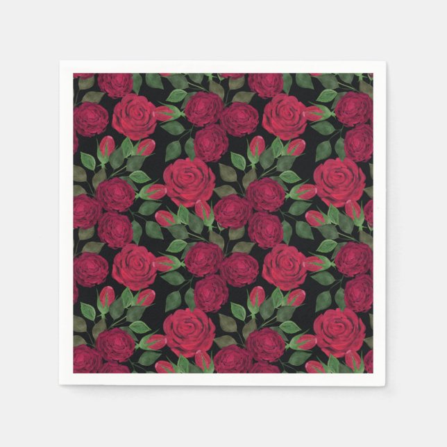 Rote Rosen auf schwarz. Serviette (Vorderseite)