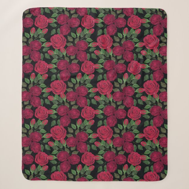 Rote Rosen auf schwarz. Sherpadecke (Vorderseite)