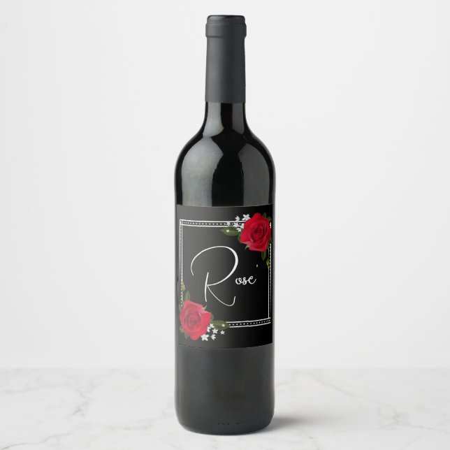 Rote Rosen auf schwarzer Hochzeit Weinetikett (Vorderseite)