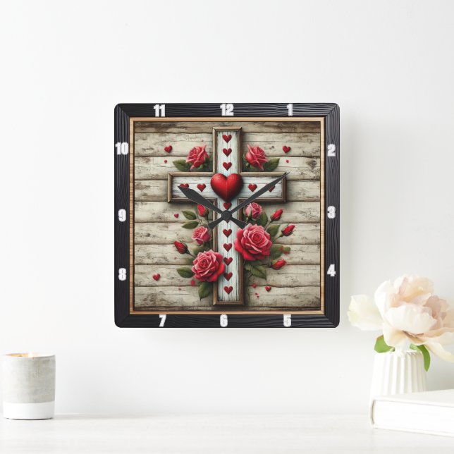 Rote Rosen aus Holz Quadratische Wanduhr (Zuhause)