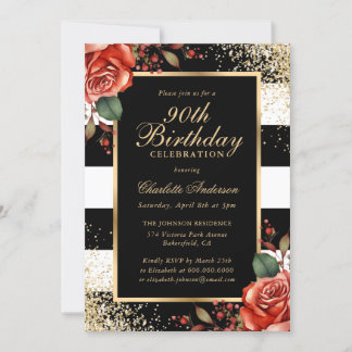 Rote Rosen Black Gold Confetti 90. Geburtstag Einladung