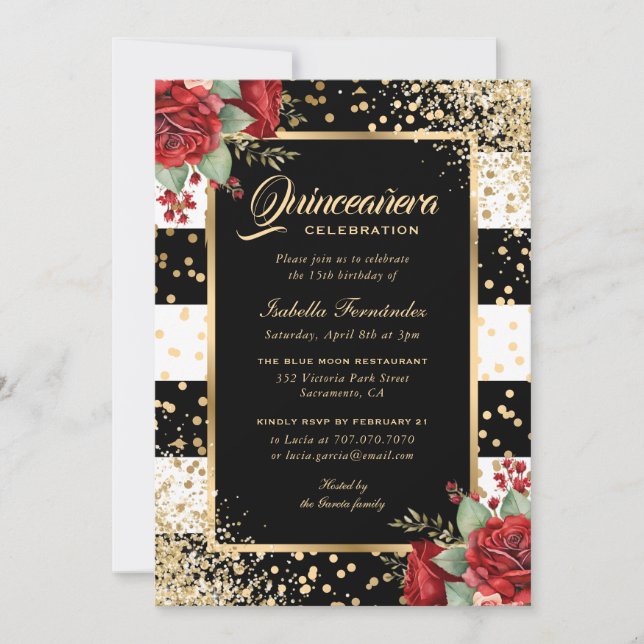 Rote Rosen Black Gold Confetti Floral Quinceañera Einladung (Vorderseite)