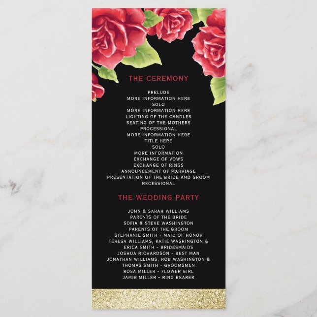 Rote Rosen Black & Gold Glitzer Hochzeitsprogramm Programm (Vorderseite)
