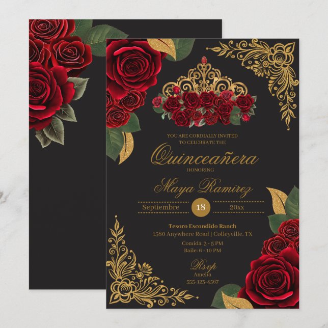 Rote Rosen Black Gold Glitzer Tiara Quinceañera Einladung (Vorne/Hinten)