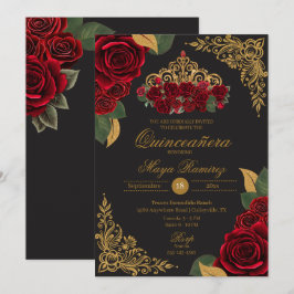 Rote Rosen Black Gold Glitzer Tiara Quinceañera Einladung