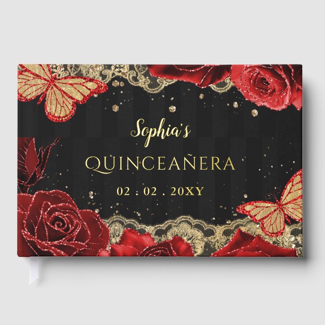 Rote Rosen Black Gold Lace Butterfly Quinceañera Gästebuch (Vorderseite)