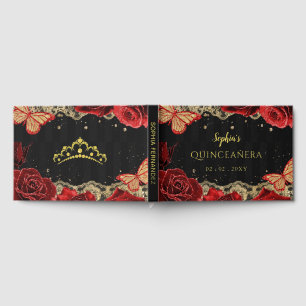 Rote Rosen Black Gold Lace Butterfly Quinceañera Gästebuch