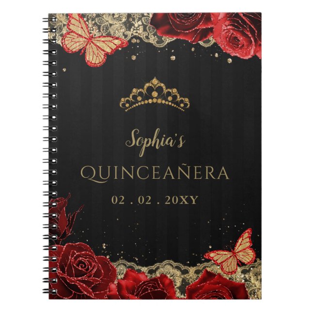 Rote Rosen Black Gold Lace Quinceañera Gästebuch Notizblock (Vorderseite)