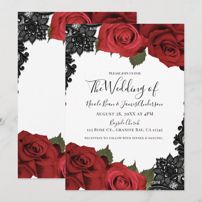 Rote Rosen & Black Lace White Chic Hochzeit Einladung (Vorne/Hinten)