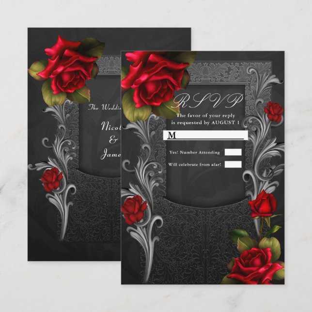 Rote Rosen Black Verziert Glam Wedding RSVP Antwor Einladung (Vorne/Hinten)