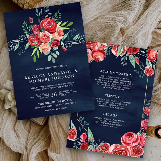 Rote Rosen Bloral Bouquet All in One Navy Hochzeit Einladung (Von Creator hochgeladen)
