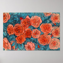 Rote Rosen, Blue Blätter Rose Garden Sommer Blume Poster