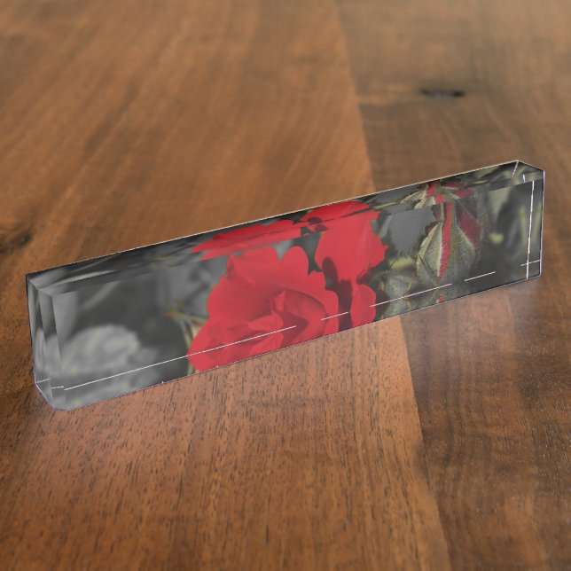rote Rosen blühen auf dunkelgrau Namensplakette (Seite)