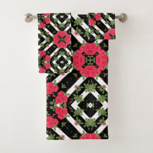 Rote Rosen Blume Schwarz-weiß bloral kaleidoskopis Badhandtuch Set
