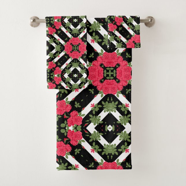 Rote Rosen Blume Schwarz-weiß bloral kaleidoskopis Badhandtuch Set (Insitu)