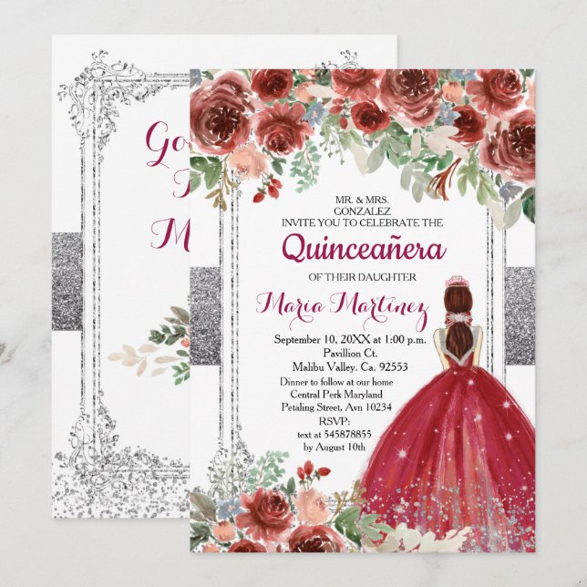 rote Rosen Blume Silver Quinceanera Einladung (Vorne/Hinten)