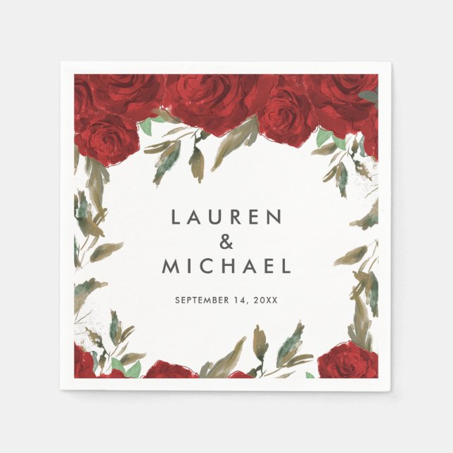 rote Rosen Blumengrün Hochzeitsnapkins Serviette (Vorderseite)