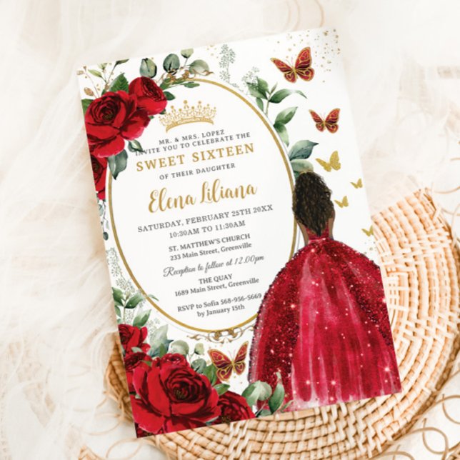 Rote Rosen Blumenkleid Gold Quinceñera Sweet 16 Einladung (Von Creator hochgeladen)